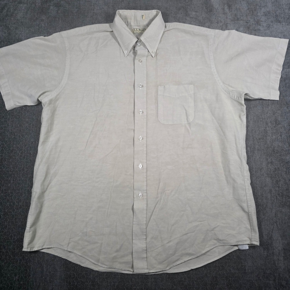 Vtg LL Bean Oxford Shirt Mens XL Short Sleeve OCBD Button Down Tan Made in USA